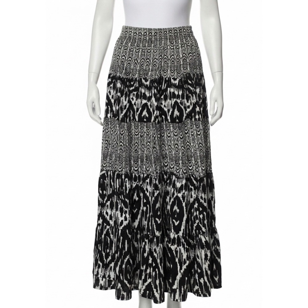 Elementz Women's Maxi Skirt Size M Black White Ikat Tribal Pattern 100% Cotton